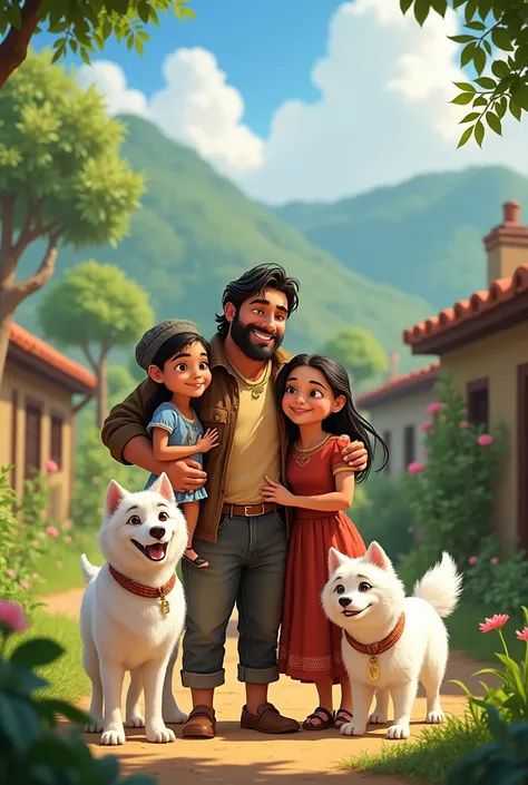  Create a Pixar-like paisa family that includes a trigueño man,Two girls,a woman and two white dogs  