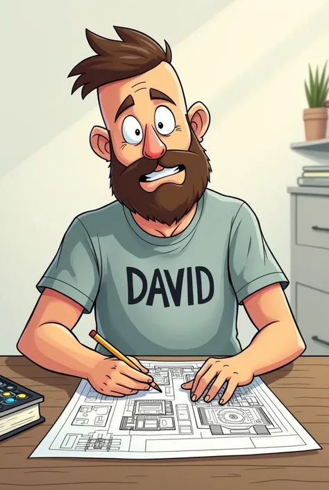 Make me a cartoon of a 30-year-old boy who's been shaved, He writes on his t-shirt : David,  t-shirt with a short brown beard and that he is drawing some plans of a sewage treatment plant