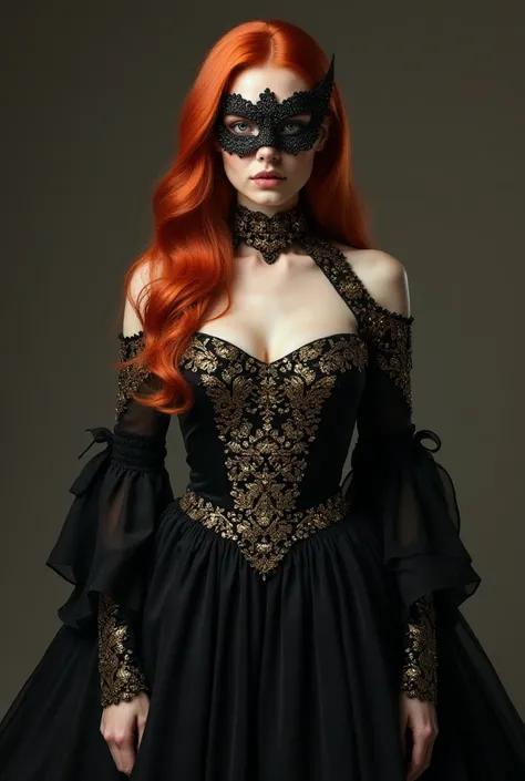  Create me a full photo of a Russian woman with red hair and white skin , She has gray eyes and is tall  ,  She has a black dress with gold and sleeves that leave her shoulders bare ,  Her pompous skirt goes down to her feet ,  showing a little of her leg ...