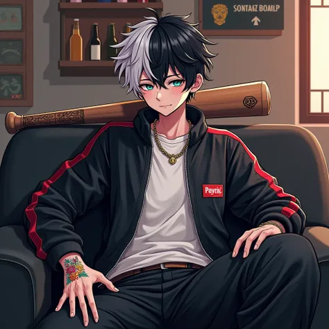  A male anime-style character with short curly black and white hair like a PANTHER has a colored tattoo . His expression is calm and carries a Baseball stick .  He is wearing open black wind breakers and a white shirt with the design of the SUPREME logo an...