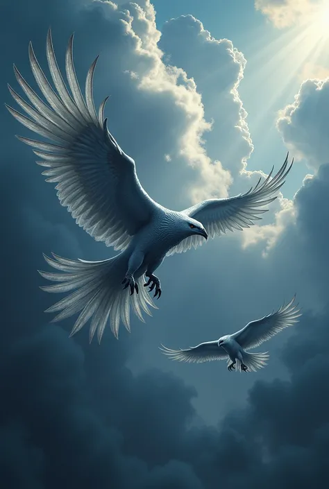 Stormwing Hunters.  A majestic bird with long,  sharp claws and shimmering , silver plumage ,  that flies through dark clouds .