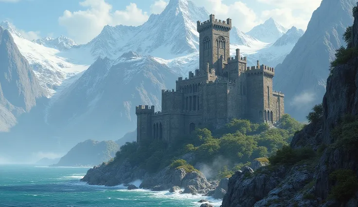 matte painting of a castle located on a mountaintop on the shore