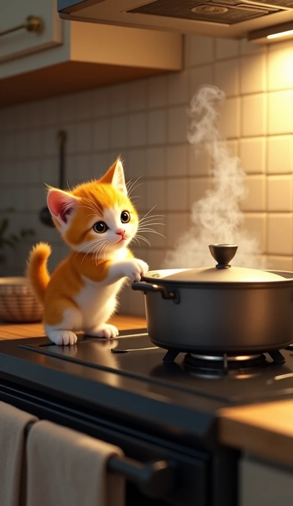 Make a yellow and white kitten on the stove wanting to open the pot to get the food