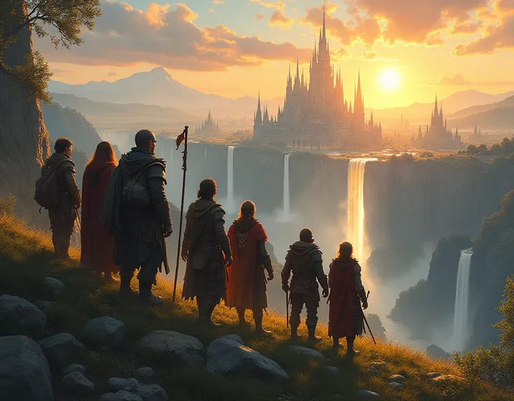 "A diverse group of adventurers stands atop a grassy hill, gazing at a stunning city in the distance. The city is illuminated by the golden glow of a setting sun, with towering spires, cascading waterfalls, and intricate architecture that blends seamlessly...