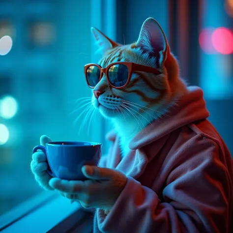 The best cell phone wallpaper, Award-Winning Wallpaper, portrait photography, In the front view is a portrait of a cute cat wearing mid-1960s space age fashion, cat is drinking coffea, Side view photo, Shot with Canon EOS R5, Set a strong contrast that acc...