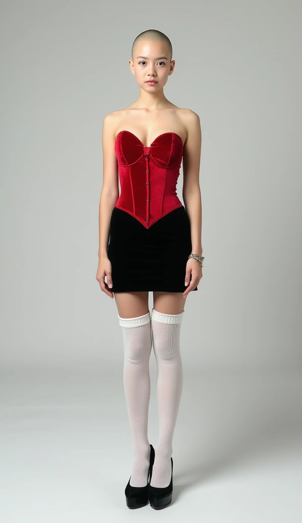 Young white girl standing in a studio. she is wearing a red corset and a black tight velvet miniskirt. she has a bald head, white thick knitted over-the-knee socks and black stilettos heels with high soles. she has wide hips and big breasts. She stands str...