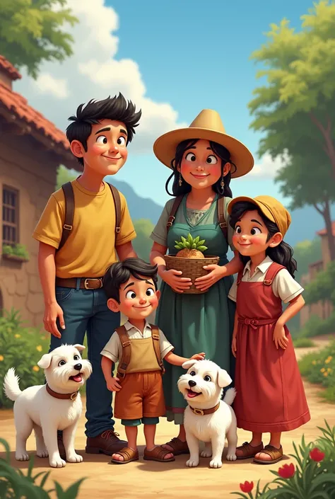 Create a Pixar-like family dressed as peasants,for a restaurant logo, the family that consists of a young Trigueño,Una Niña Trigueña,A little white girl,  2 white dogs and a lady about 40 years old 