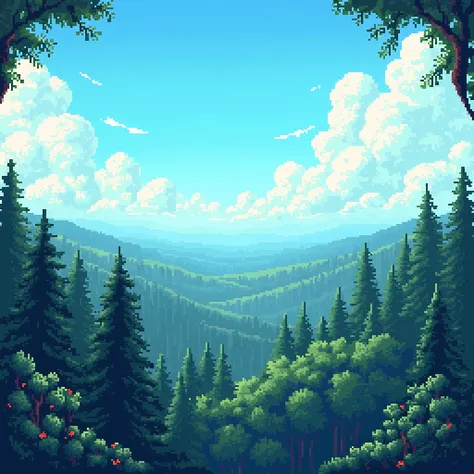 very pixel far forest background for game with sky no trees around the edges