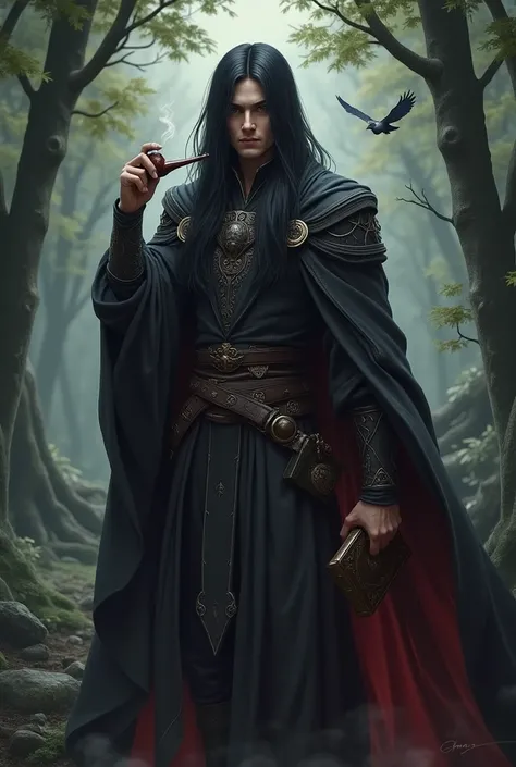  A wizard character with dark fantasy RPG touches , Around 28 years of age ,  with long straight black hair with gray details ,  a light outfit to help him move in battles ,  he has a grimoire in one hand as if it were sealed ,  he is in the forest smoking...