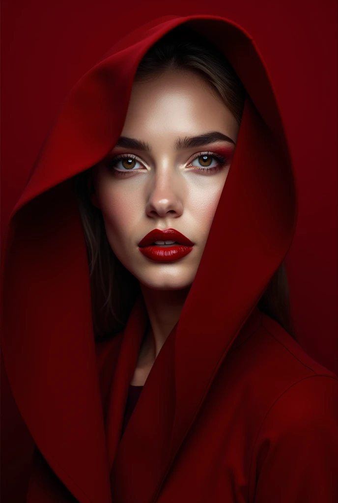 Create a realistic image of a woman with red lipstick,half of her face covered with a red velvet veil