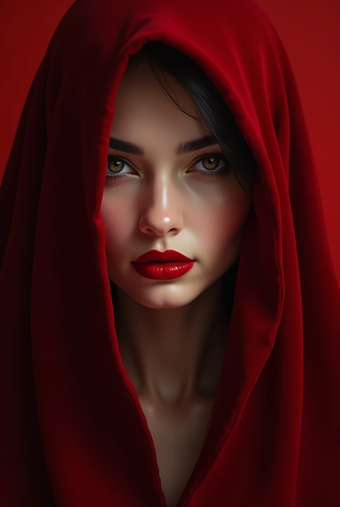 Create a realistic image of a woman with red lipstick,half of her face covered with a red velvet veil