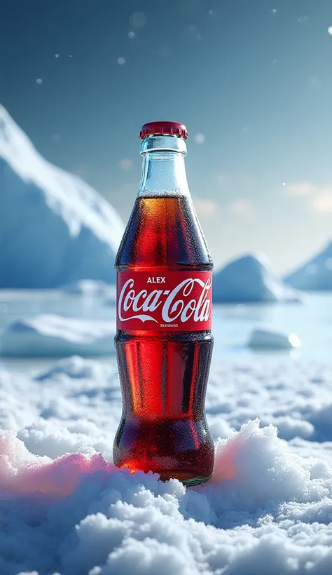 Coca Cola, Alex text on the bottle,  north pole background , Made in HD