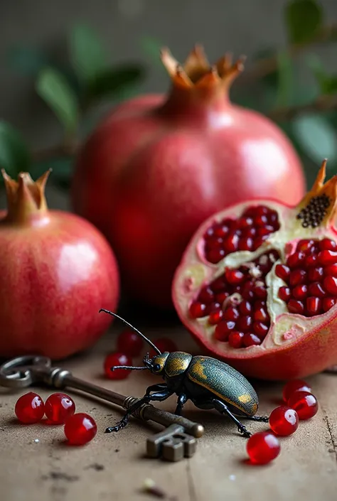 Make a still life with the fruit pomegranate a beetle and a key. MAKE IT REALISTIC