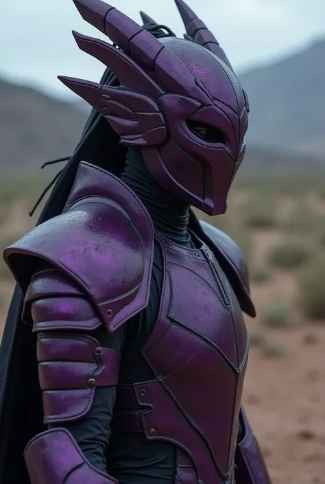  a close up of a person in costume on a dirt field,  a screenshot inspired by Hong Ren  , reddit, shin hanga,  color of black fire reflected in the armor , Corrupted armor, wearing dark purple armor, purple armor,  draconic-looking armor , sleek purple arm...