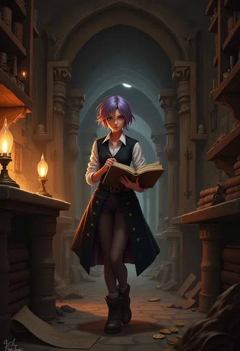 A young girl, Ciphra, walking through a dimly lit underground corridor. The walls are made of rough stone with shelves filled with scrolls, coins, and treasure maps. Ciphra has short lavender-tipped hair, expressive brown eyes, and a focused expression. Sh...