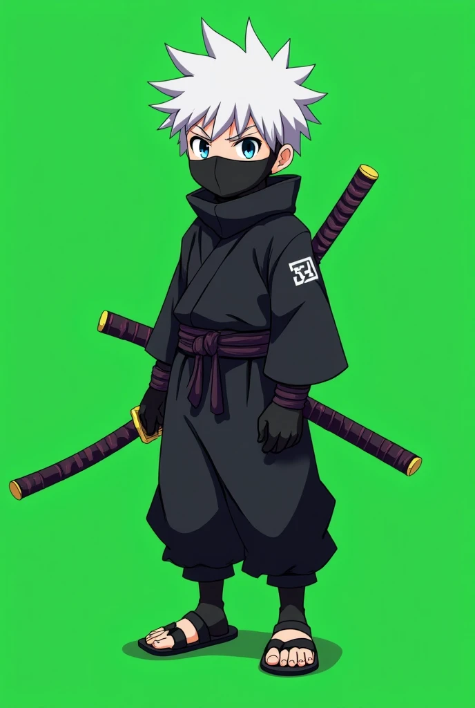 " A young ninja character with short and spiky white hair ,  big, expressive eyes, conveying determination .  He wears a traditional ninja outfit entirely black ,  composed of a fitted tunic ,  wide pants fastened by typical bands and sandals ,  with detai...