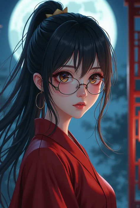 female, black hair, brown eyes, white skin, crimson clothes, glasses, fantasy Chinese, anime style, close-up portrait, moonlight