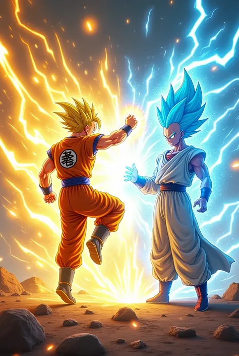 A high-energy collision scene where Goku, surrounded by bright golden lightning and aura, launches a fierce punch. Saitama counters with his powerful, emotionless punch. The clash creates a massive energy shockwave with blue and yellow light bursting outwa...