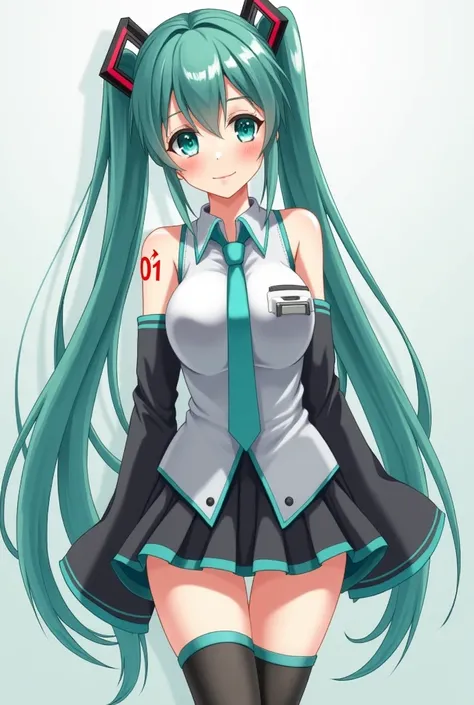 A anime-style female beautiful, Idol, slim girl but with massive breasts. has turquoise eyes and  very long pigtails that extend down to her shins held with black and red square-shaped clips. She wears a sleeveless, white collared blouse with teal trims. H...