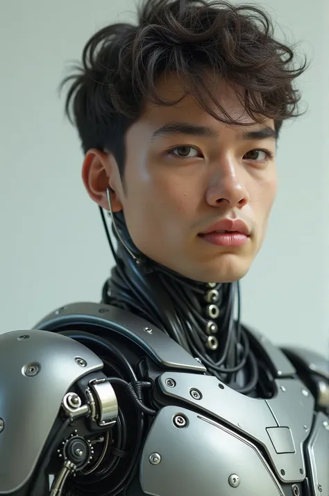  Hyperrealistic image of a young man with a mechanical left arm,  has a metal arm prosthesis , with bolted joints ,  you can see the electrical and hydraulic connections 