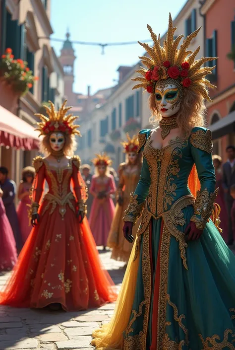 picture of the Venetian Carnival people in beautiful costumes on a chic street in Venice good weather