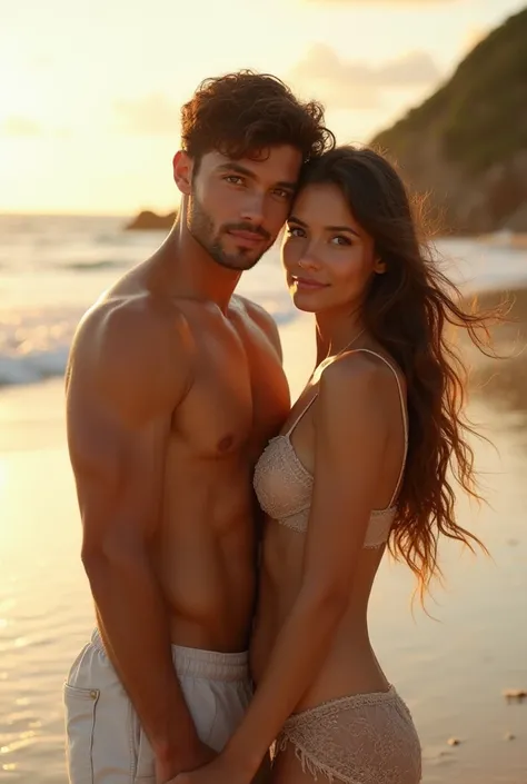  Brazilian man 22 years old honey eyes and brown hair, Strong and handsome man with his girlfriend ,  A Brazilian woman with long brown hair and honey-colored eyes aged 22 on the beach