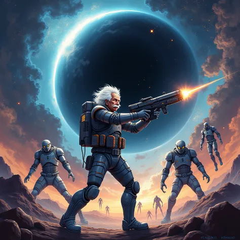 "Create a 2D manga/anime style artwork designed as a wallpaper. The scene features Albert Einstein, dressed in a futuristic space suit, standing in the middle of space. He is aiming a high-tech blaster at approaching alien creatures. The aliens are varied,...