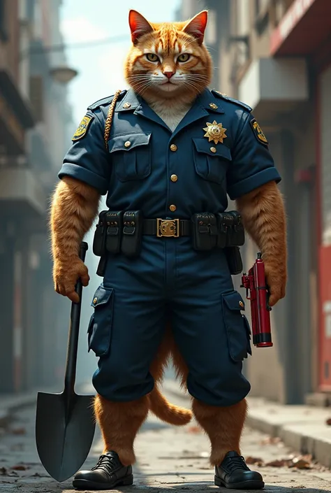 Strong cat dressed as a national police with a shovel in one hand and a red gun in the other hand