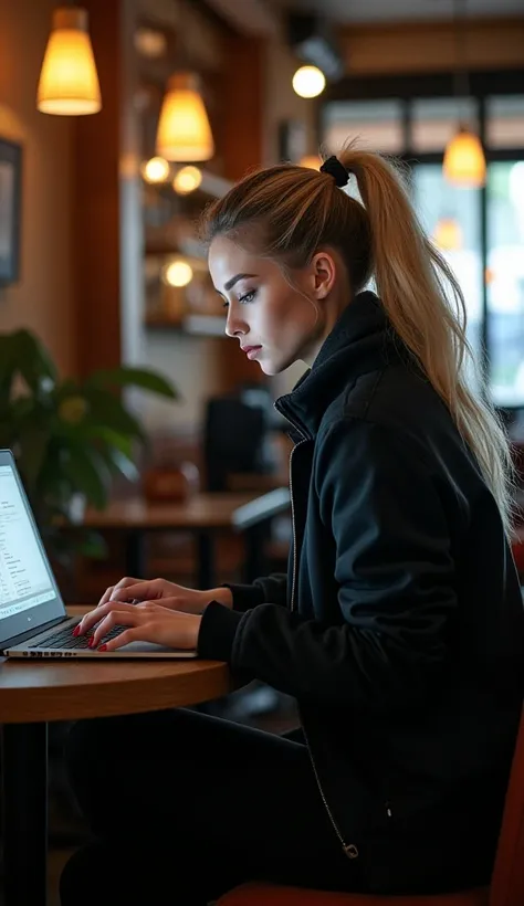 1girl,hacker,adult,white_skin,blonde hair ,ponytail,makeup,brown eyes,red_nails,black jacket and black pants,fingerless_gloves,laptop,hacking,russian,looking at laptop,sitted in cafe