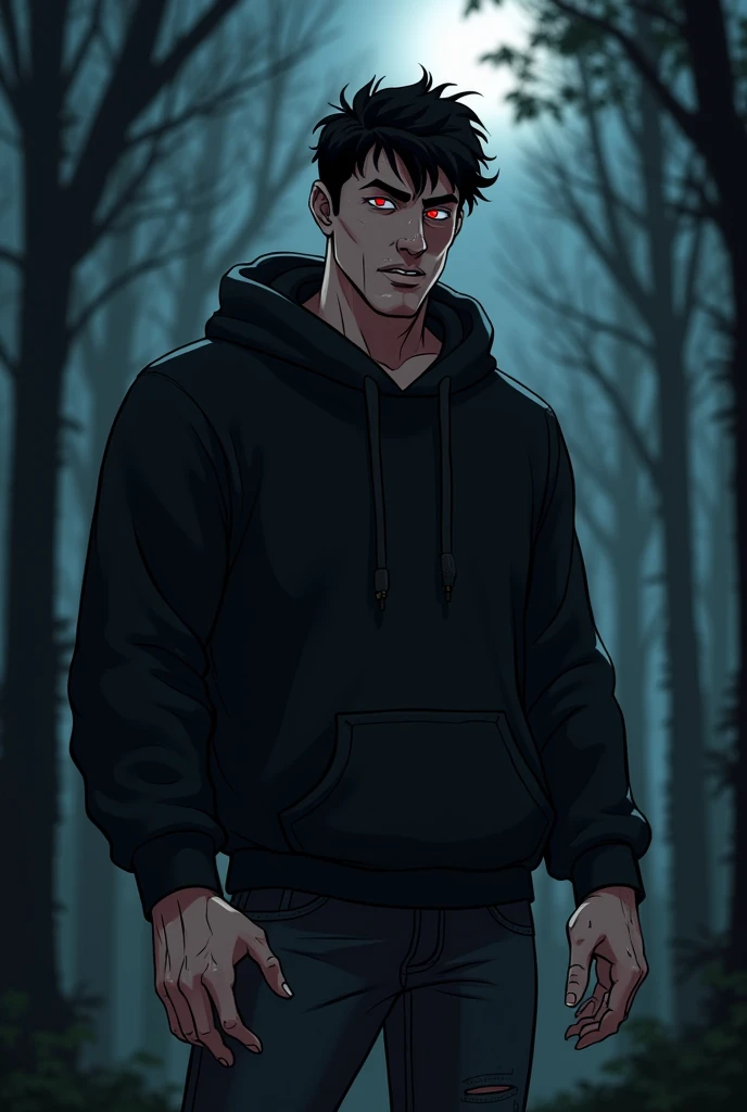 nsfw image, a man,  short black hair a little messy , Ojos rojos,  sturdy and muscular body , with a large build , fangs,  long tongue,  Tongue out,  Pupils in the shape of a pointed heart , black sweatshirt, with a black cap.
 Dark and somewhat dark fores...