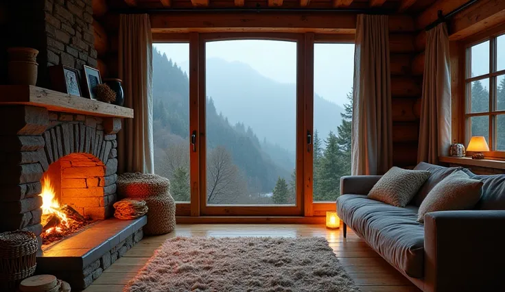 Rainy Mountain View: "A wooden chalet nestled in the mountains with a lit fireplace and windows opening to a misty valley under the rain. Inside, soft woolen cushions, fluffy rugs, and small lamps create a warm and welcoming atmosphere.