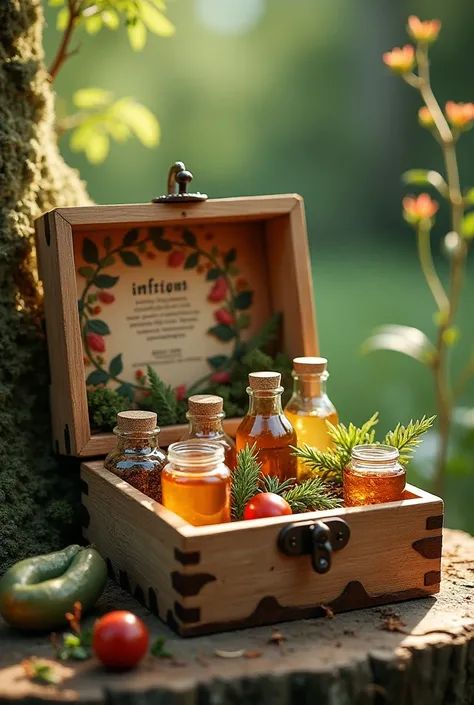 Create an image of a natural medicine box 
Where you can see all the infusions
Let it be an advertising spot 

