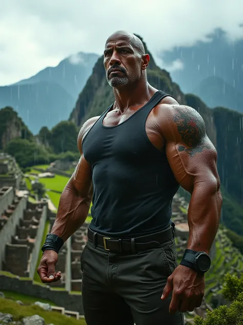 Create Dwayne Jhonson in the majestic Machu Picchu on a rainy day 