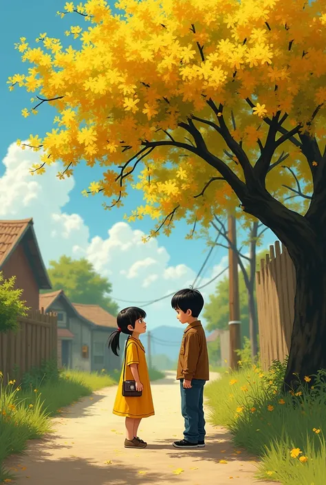 Generate a couple image the boy had a bag wearing brown colour shirt. The girl wears a yellow kamij. They both talking under a yellow flower tree. By the road side. 