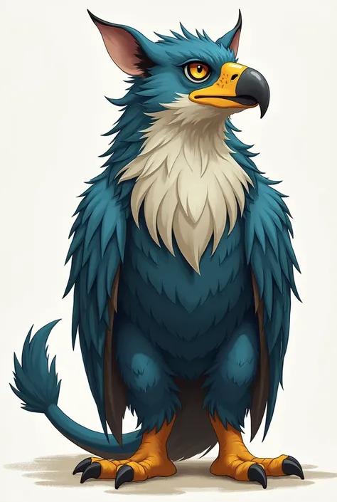 This animal has mid-length blue fur and has a body shaped like an eagle's.  Its face resembles that of a lion and its eyes remind you of a gecko's.  It has cloven hooves, a frill around its neck, and a pair of short horns