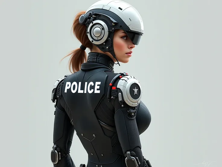 A digital painting depicts a female cyborg police officer standing in a side profile pose, facing left. The character is dressed in a futuristic black tactical suit with white highlights, which includes the word 'POLICE' prominently displayed in large refl...