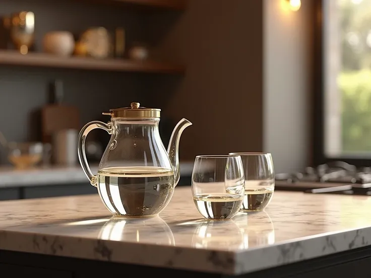  create a picture of a very luxurious kitchen countertop , containing a glass kettle and double-walled glasses on top of the countertop