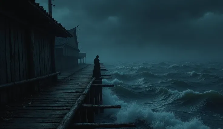 From the edge of the wooden docks you can see the dark, rough sea. The waves crash against the support beams of the pier, creating an ominous atmosphere. Night atmosphere, medieval period