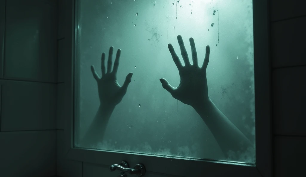 Images of hand marks on the wet bathroom mirror terror