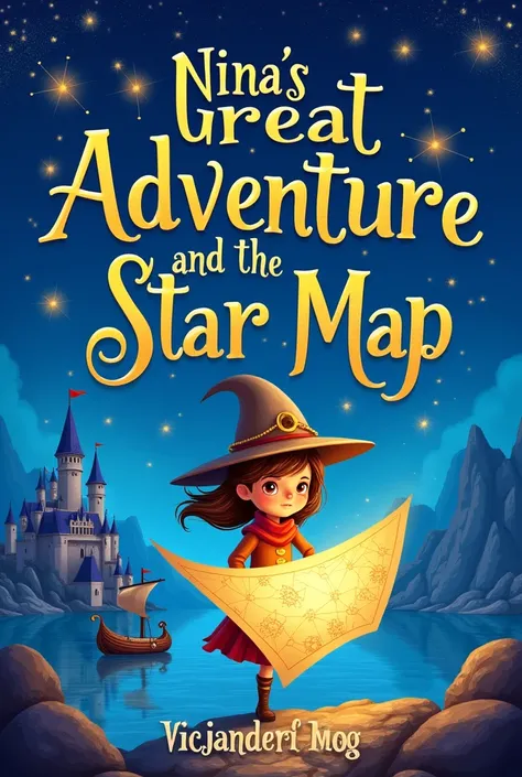  A vibrant and magical book cover,  with a deep blue night sky filled with twinkling stars and constellations . Nina ,  wearing an explorer's hat ,  holds a brilliant star map that reflects the constellations around her .  The softly illuminated Renaissanc...