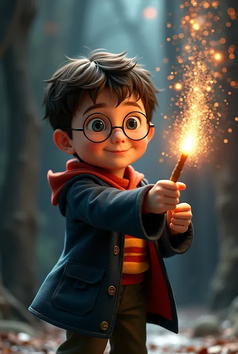  Harry Potter with a magic wand — little Harry wearing glasses with a cheerful expression on his face, holding a wand, from which glitter comes out .