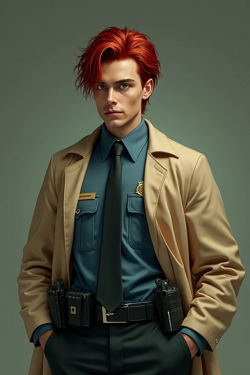 Create a cop with dark red hair ,  Green Eyes Pants, with a beige lab coat and a pistol in his holster