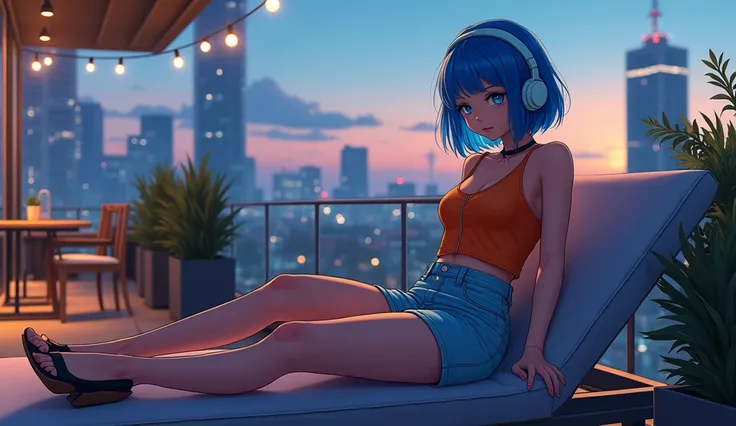  A young 18-year-old anime character, with bright blue hair ,  hair cut at shoulder length and styled with elongated tips in the front (beak style ),  highlights her modern and captivating look while on an urban terrace illuminated by soft lights at dusk. ...