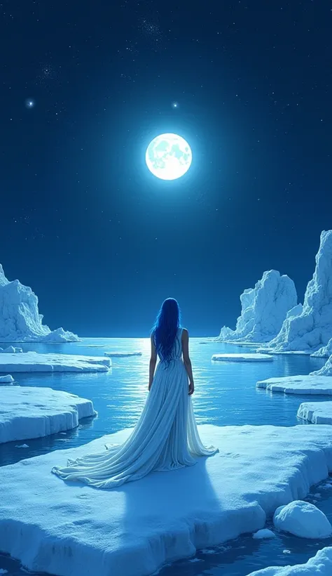 “Create a drawn image of the Ice Goddess in Ancient Greece, this time during the night .  The setting is the same partially frozen ocean ,  but now with a night sky filled with stars and Detailed and bright moon in the background,  reflecting lightly on th...