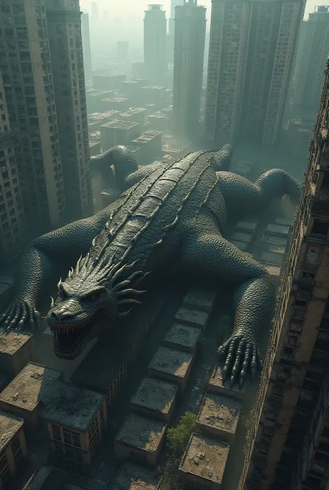 A really big dragon that is dead it Has 4 LEGS and its on a block od flats