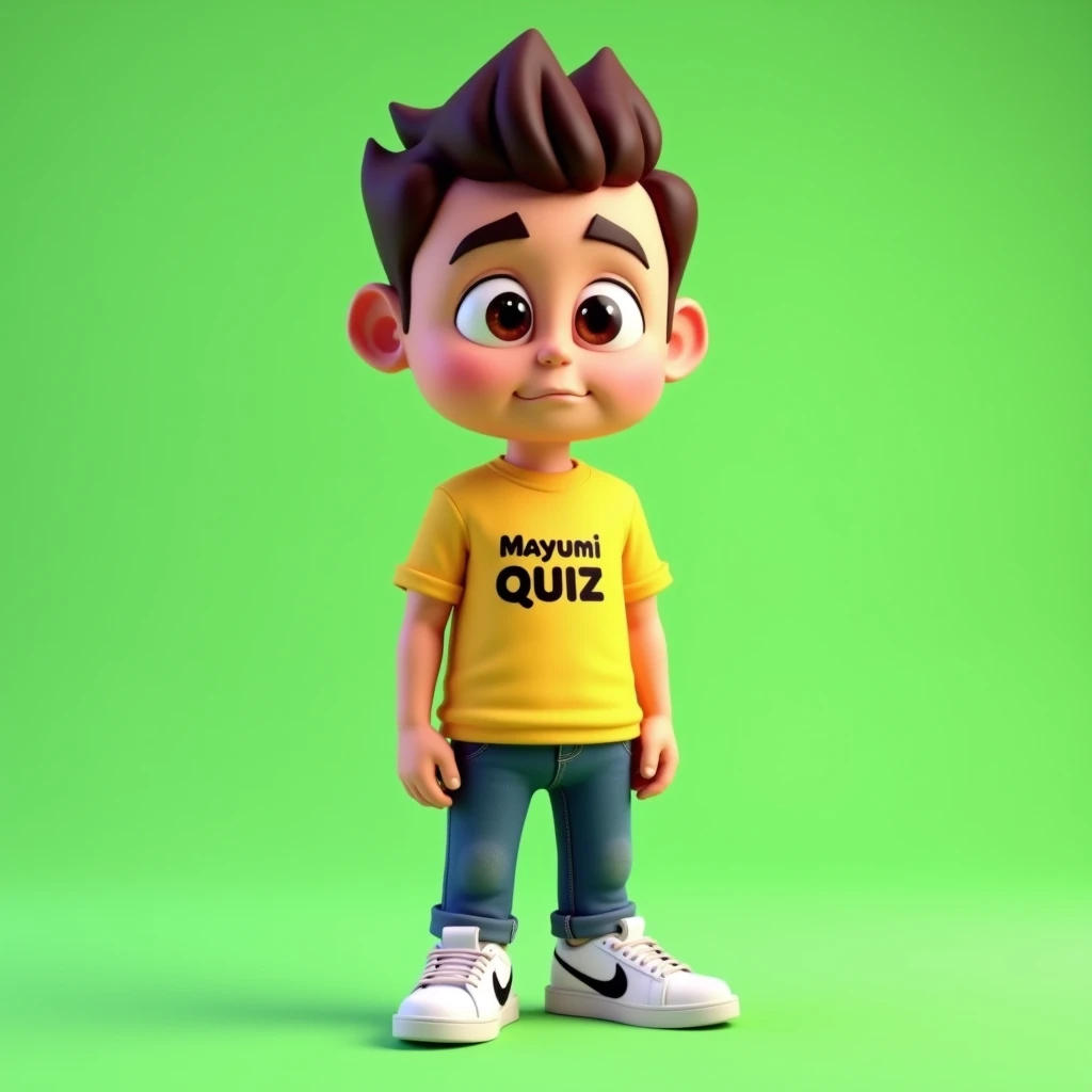 3D cartoon mascot, hyper realistic, hd, in Dinesy style, character is a man, funny face, big brown eyes, serious, friendly, brown hair standing on end, wearing a yellow t-shirt with "Mayumi Quiz" written in black, jeans and white nike sneakers, useful pose...