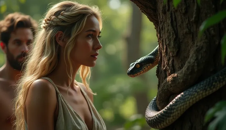 A dramatic and cinematic scene depicting the moment of temptation. In the foreground, a serpent is coiled around the Tree of the Knowledge of Good and Evil, speaking to a 25-year-old woman with long blonde hair and green eyes, who is listening intently wit...