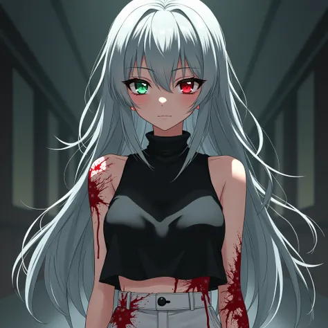 Anime girl 
With gray hair 
First eye: green Sharp 
Second eye: sharp red 
She wears a black sleeveless shirt 
White pants 
Covered in blood 