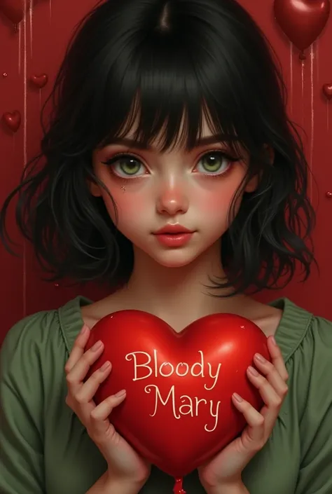 A realistic portrait of a girl, shoulder-length dark hair frames the face, and almond-shaped green eyes give depth and mystery to the look. My lips are small. In her hands is a soft heart with the inscription "Bloody Mary". Shiny walls, balloons, hearts. 