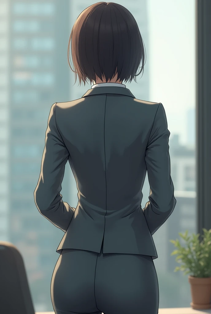 (best quality, 8k, 32k, masterpiece, Ultra HD:1.2), 1 girl, a beautiful Japanese woman, detailed face, short hair, standing, in the office, bending over, showing a big butt, view from behind, Gray suit, office suit, pencil skirt